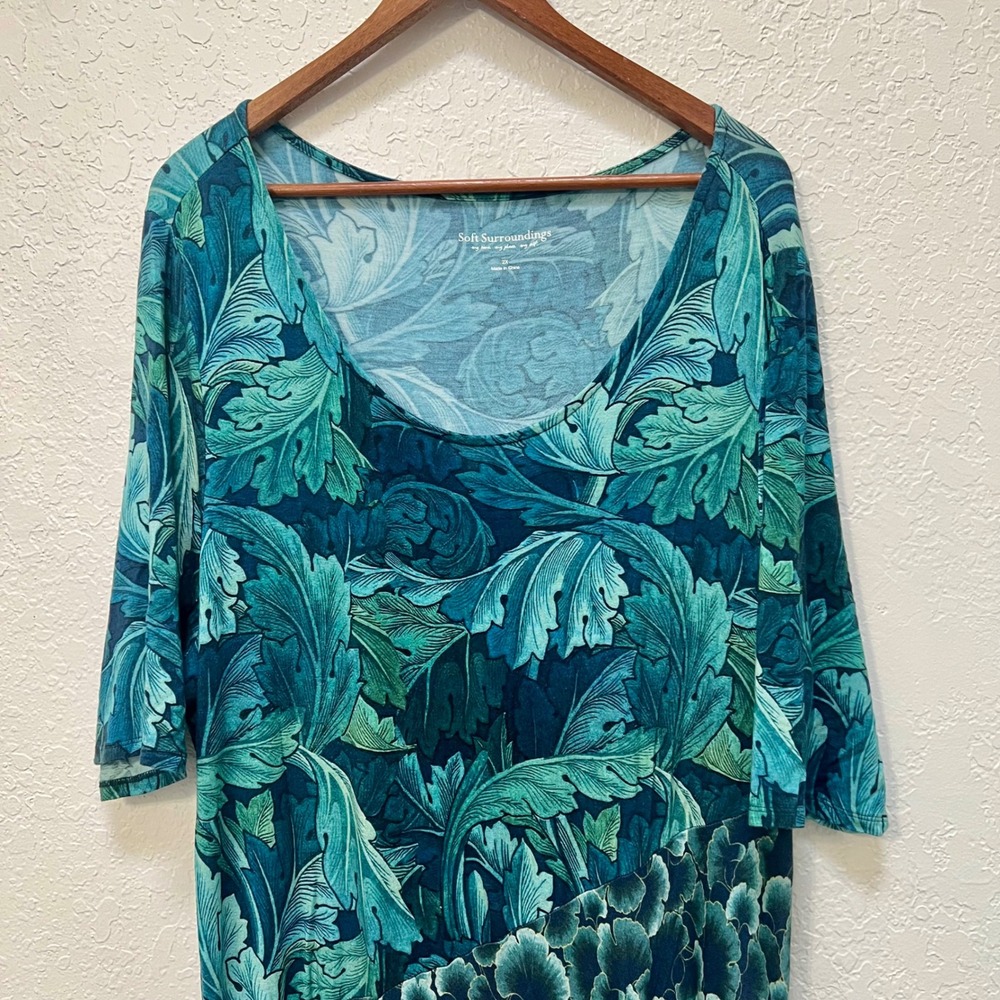 Soft Surroundings Teal Green Botanical Leaf Print Maxi Dress Plus Size 2X - Picture 2 of 7
